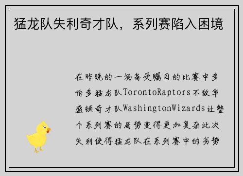 猛龙队失利奇才队，系列赛陷入困境