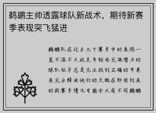 鹈鹕主帅透露球队新战术，期待新赛季表现突飞猛进